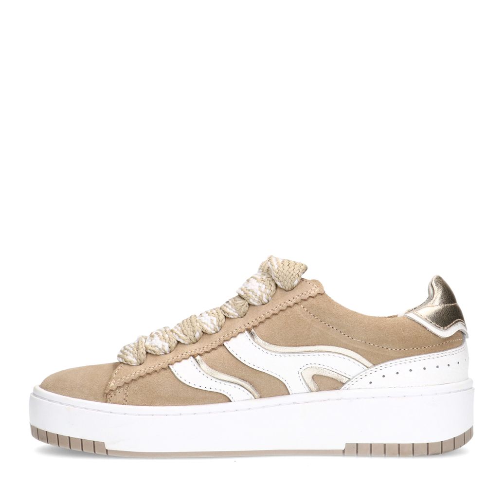 Beige suède sneakers met witte details