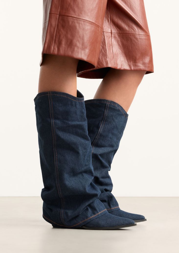 Dunkelblaue Cowboystiefel mit Umschlag in Denim-Optik