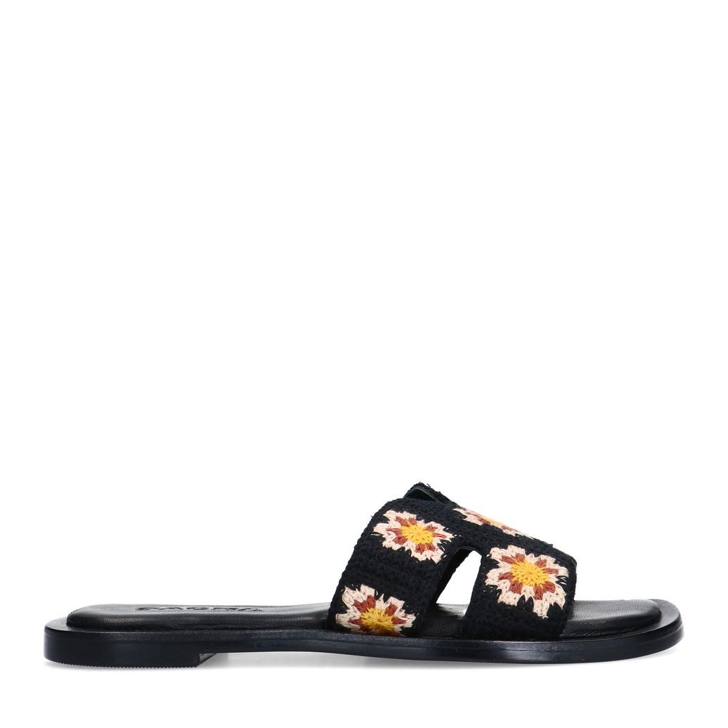 Claquettes avec fleurs brodées - noir