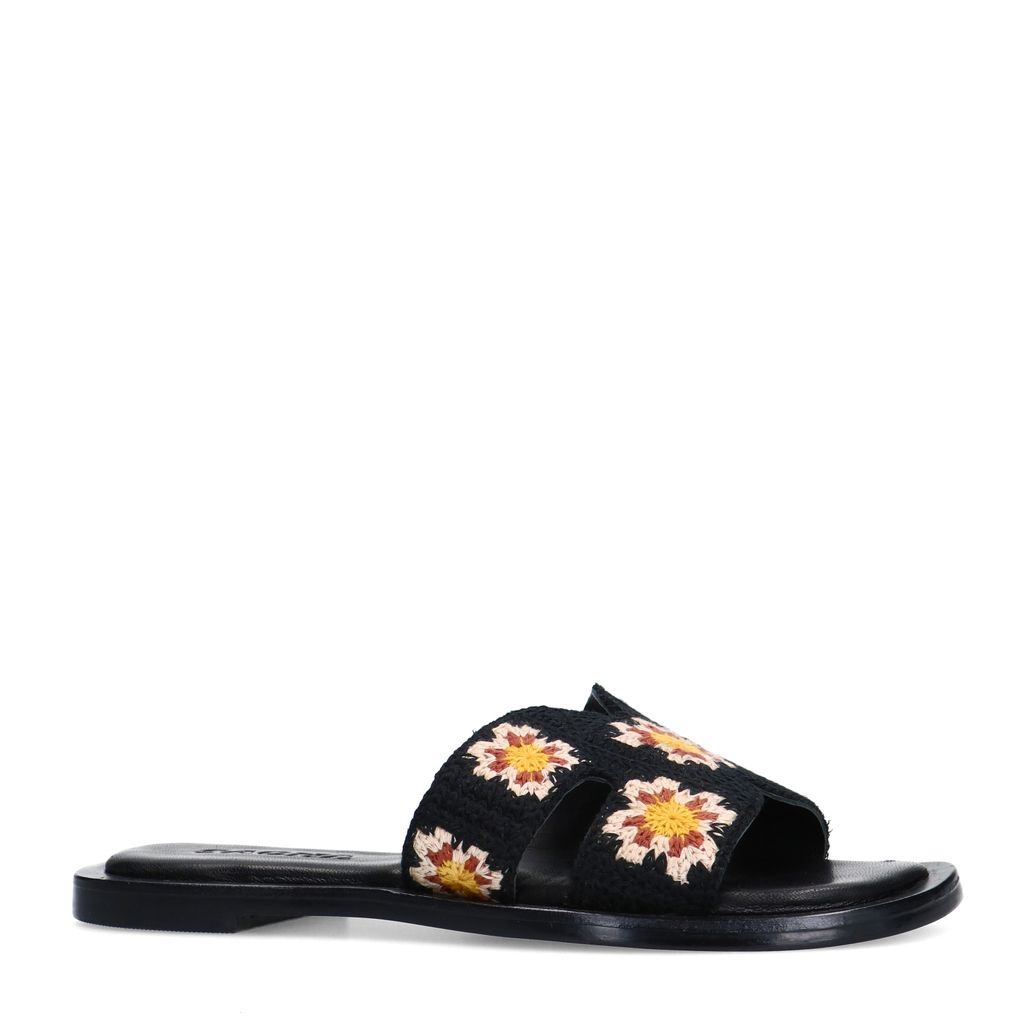 Claquettes avec fleurs brodées - noir