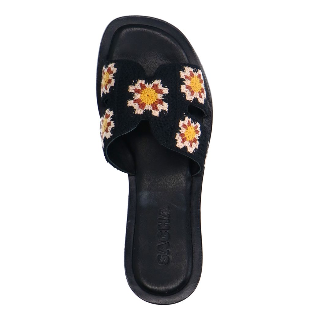 Claquettes avec fleurs brodées - noir
