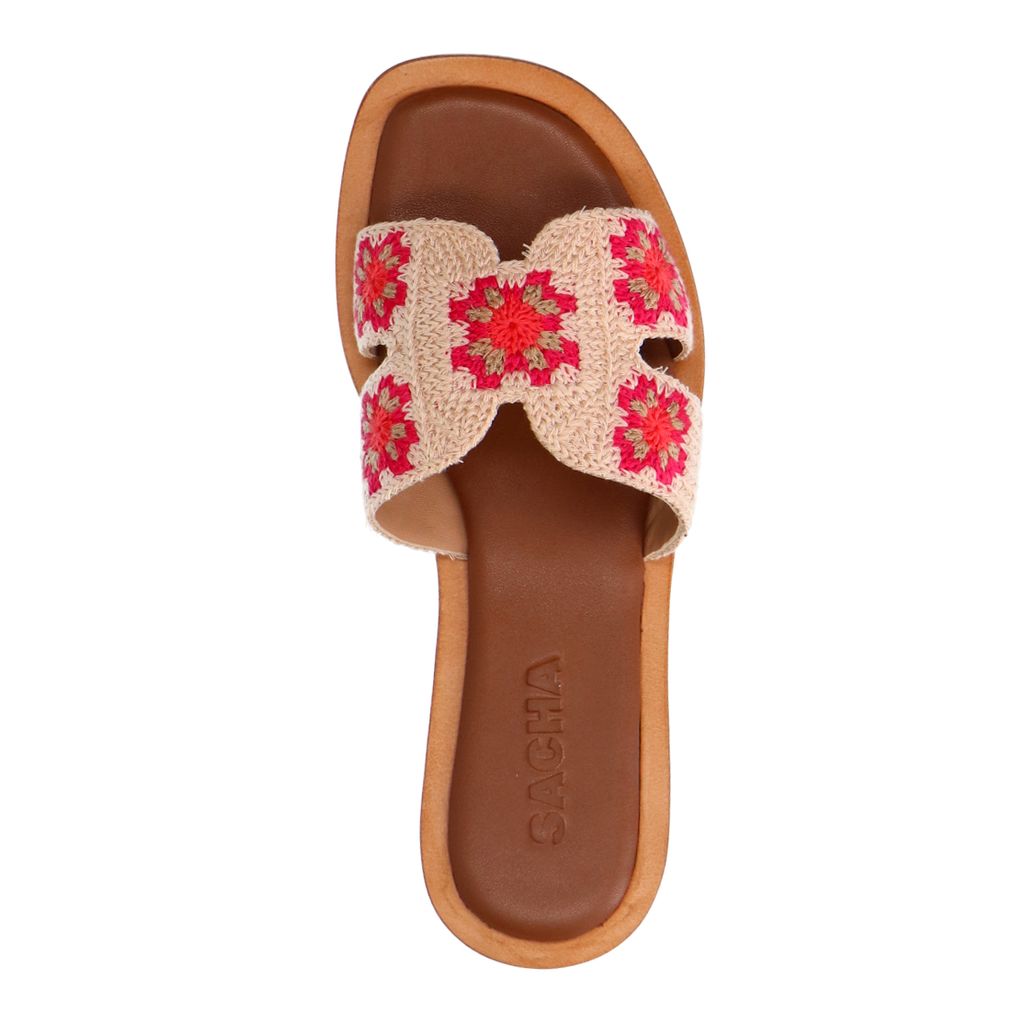 Beige slippers met roze bloemen embroidery