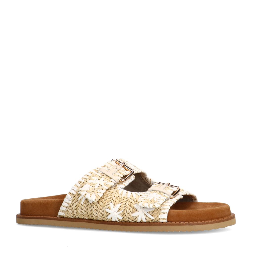 Beigefarbene Bast-Sandalen mit weißen Details