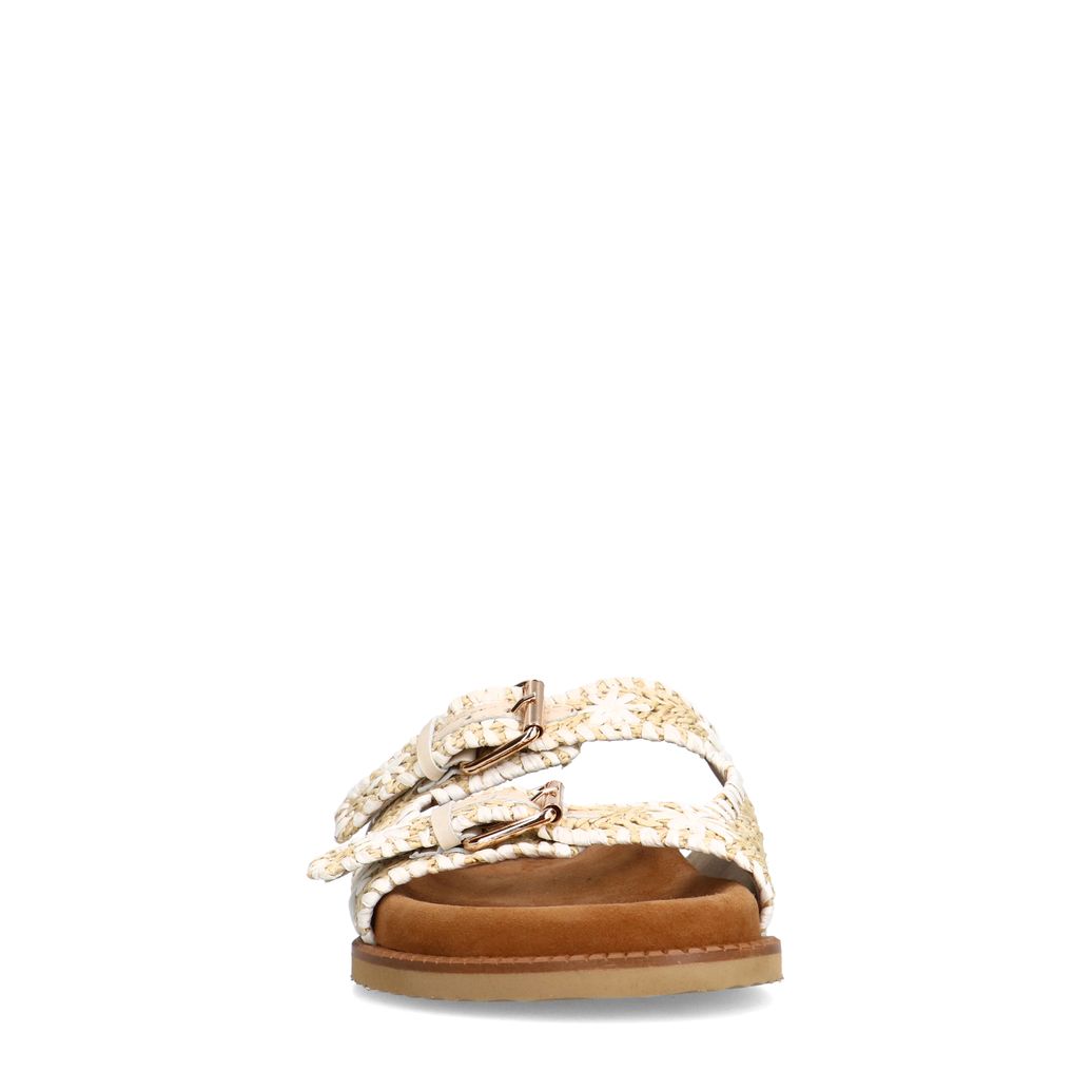 Beigefarbene Bast-Sandalen mit weißen Details