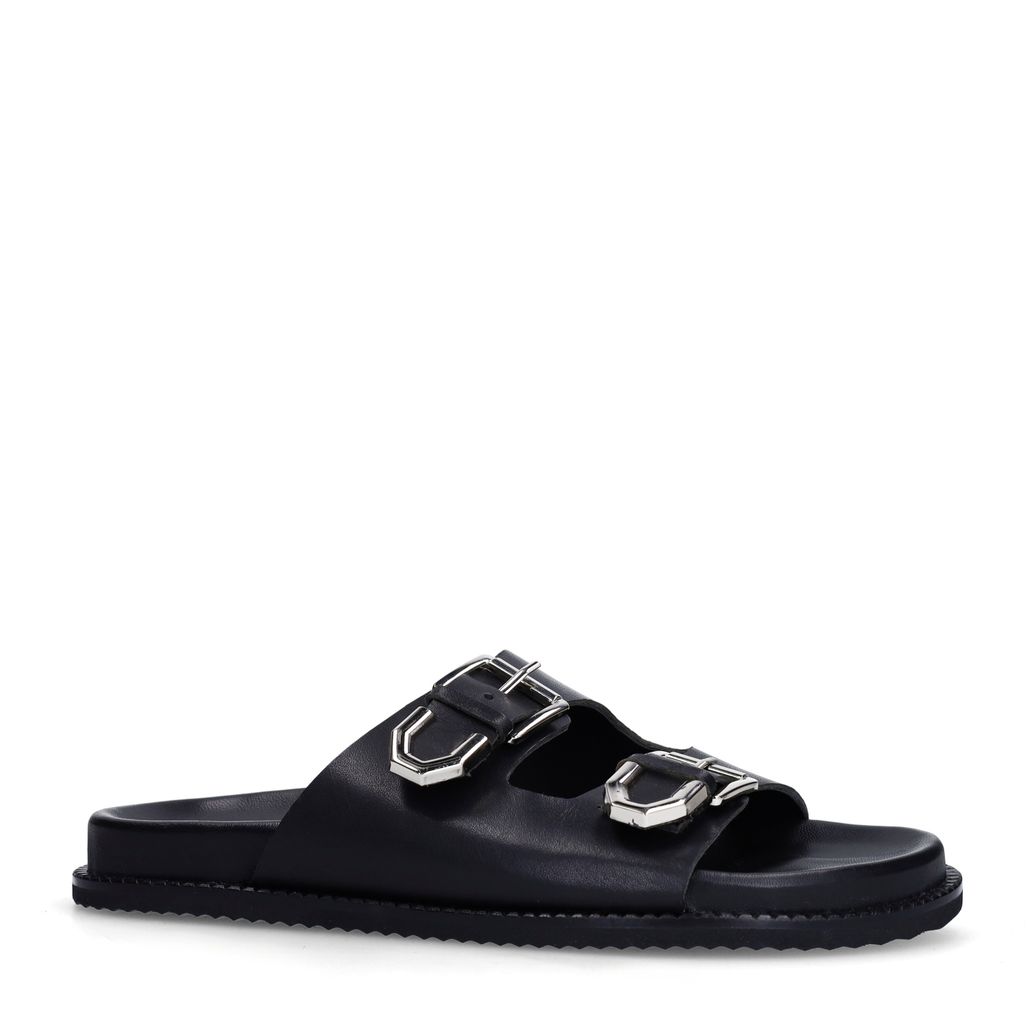 Zwarte leren slippers met buckles