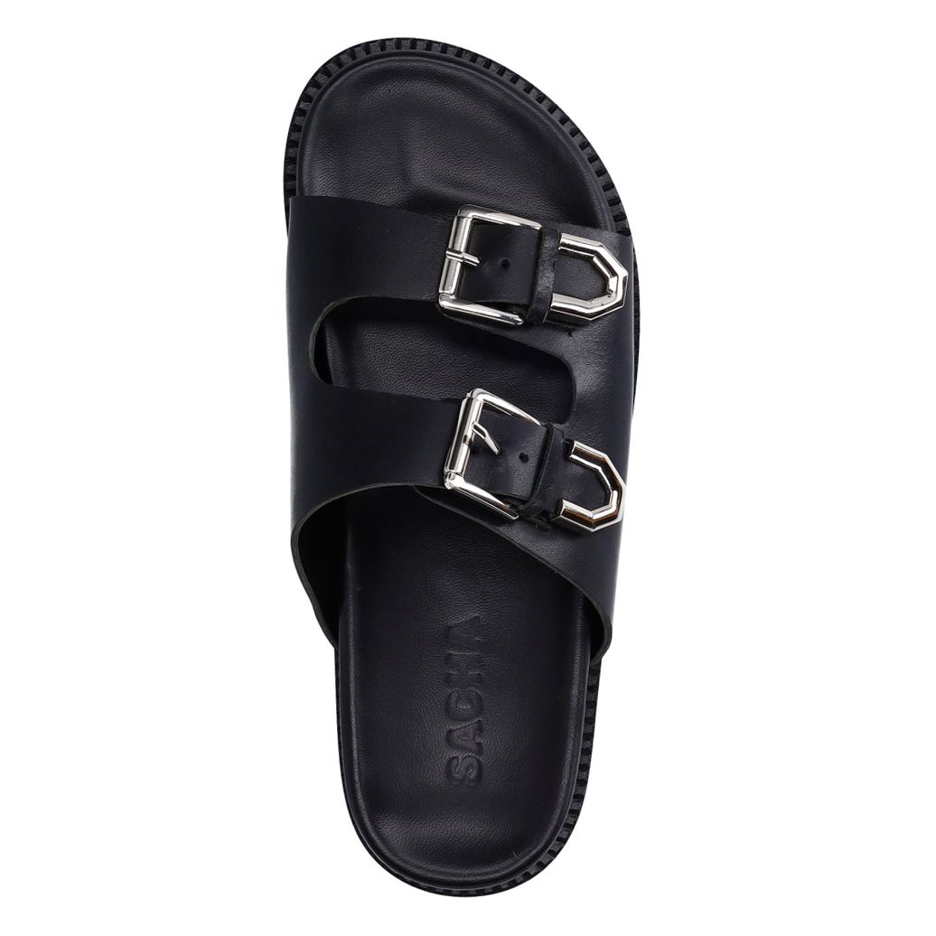 Zwarte leren slippers met buckles