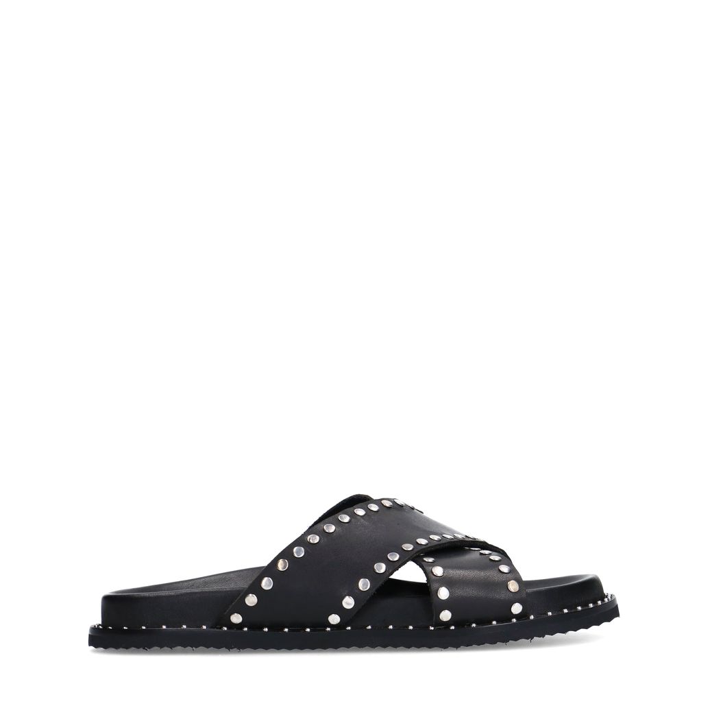 Zwarte leren slippers met zilverkleurige studs