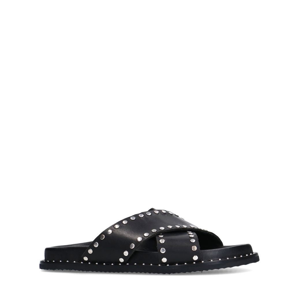 Zwarte leren slippers met zilverkleurige studs
