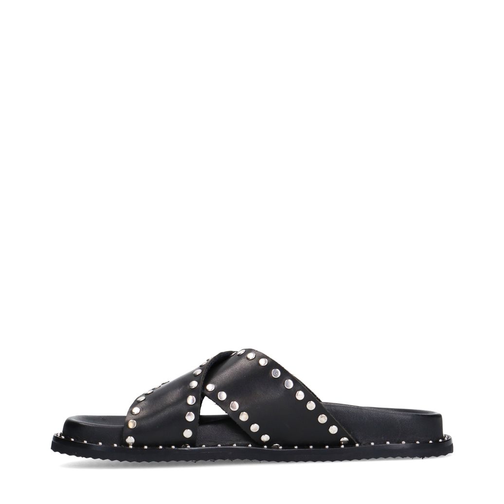 Zwarte leren slippers met zilverkleurige studs