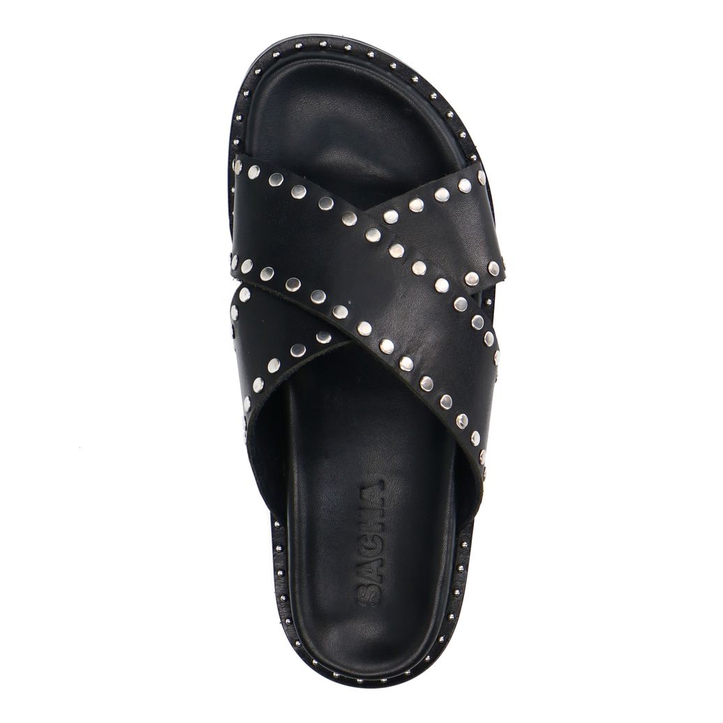 Zwarte leren slippers met zilverkleurige studs