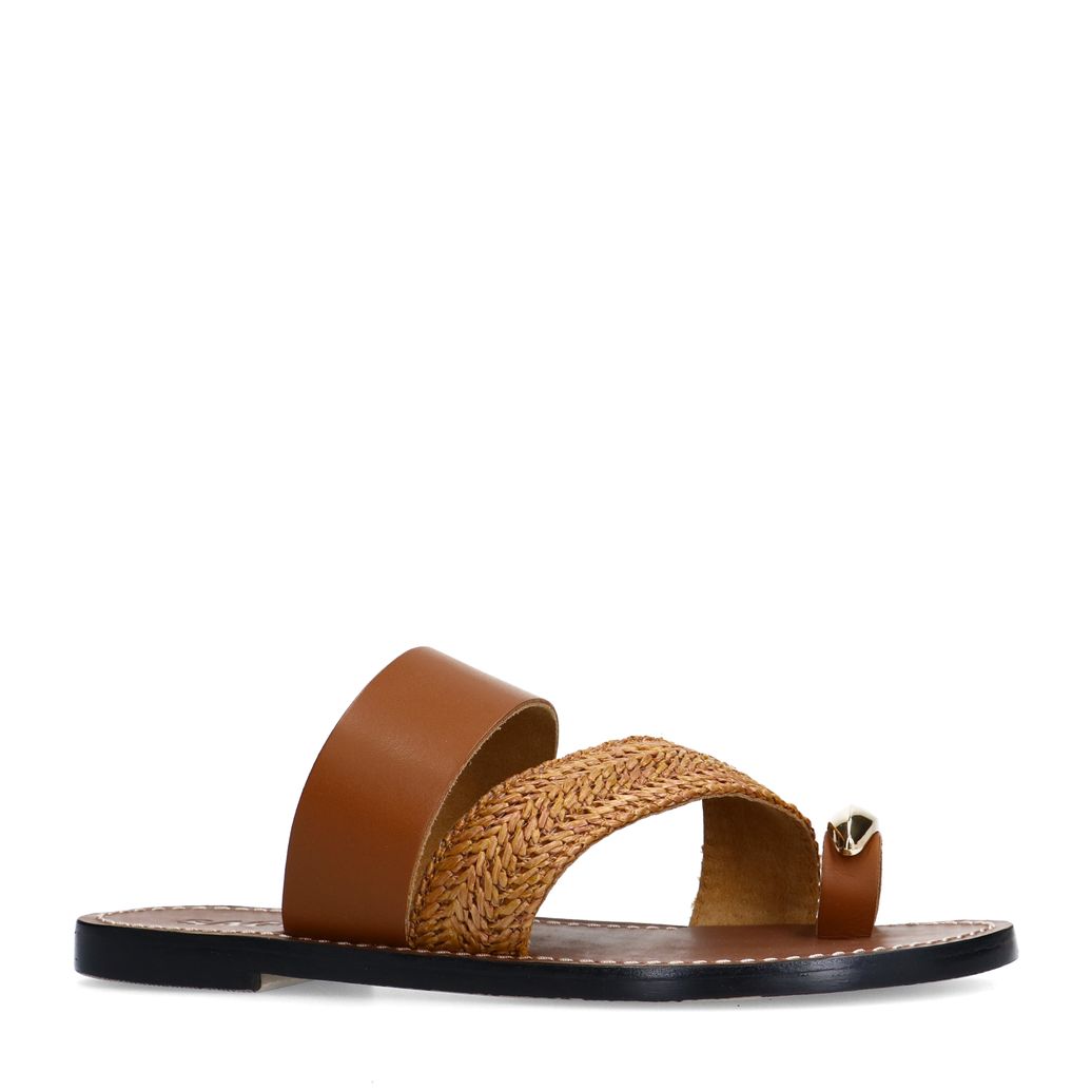 Congac leren slippers met goudkleurig detail