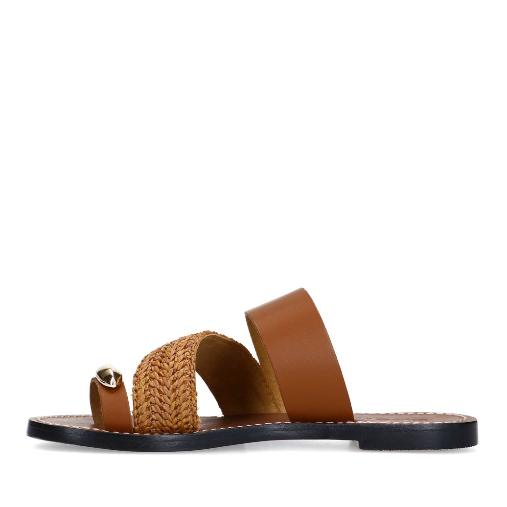 Congac leren slippers met goudkleurig detail