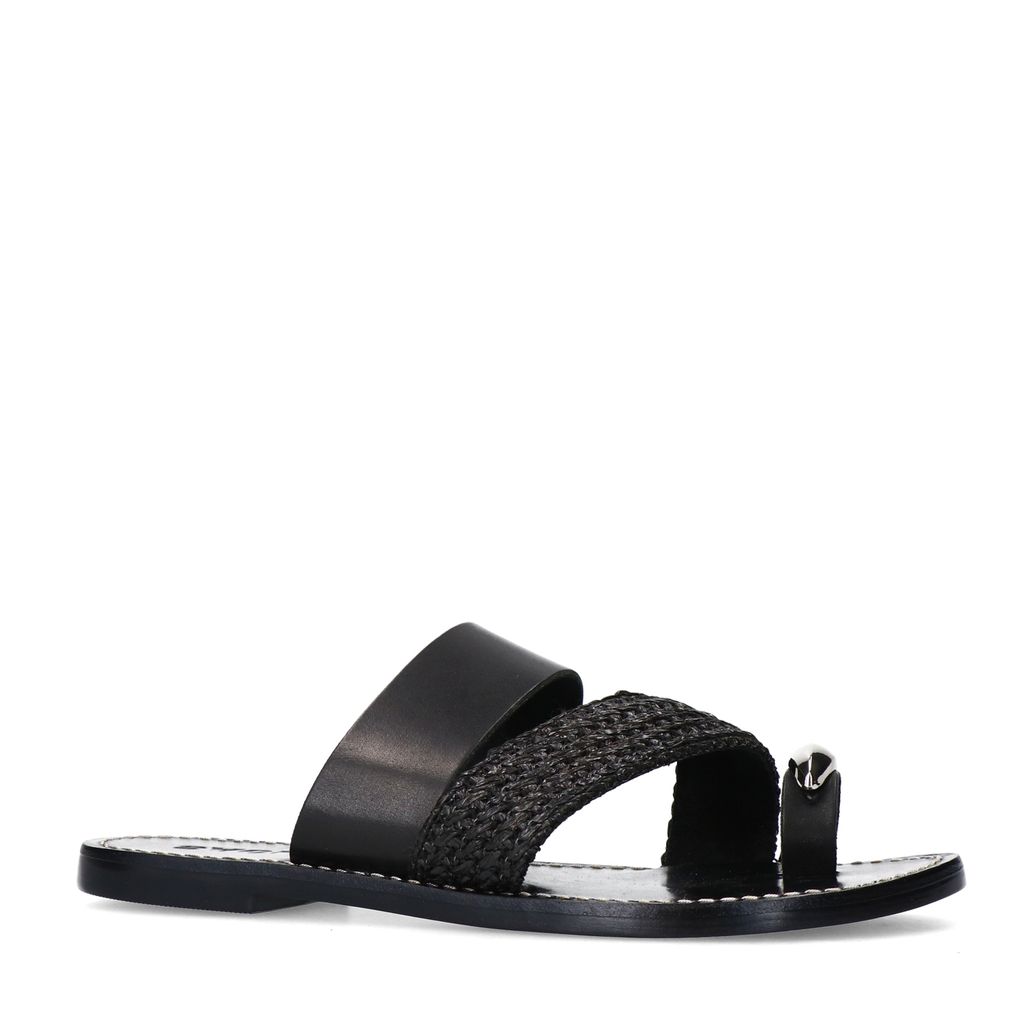 Zwarte leren slippers met zilverkleurig detail