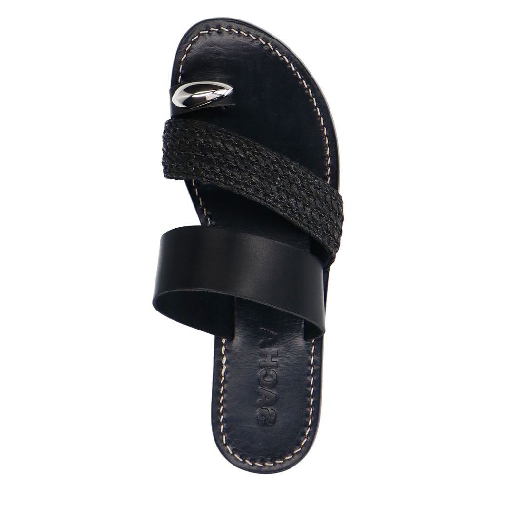 Zwarte leren slippers met zilverkleurig detail