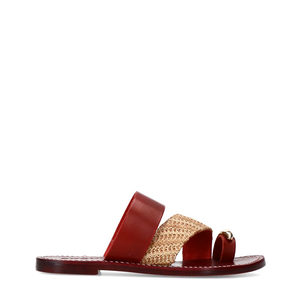Bordeauxrote Ledersandalen mit goldfarbenem Detail