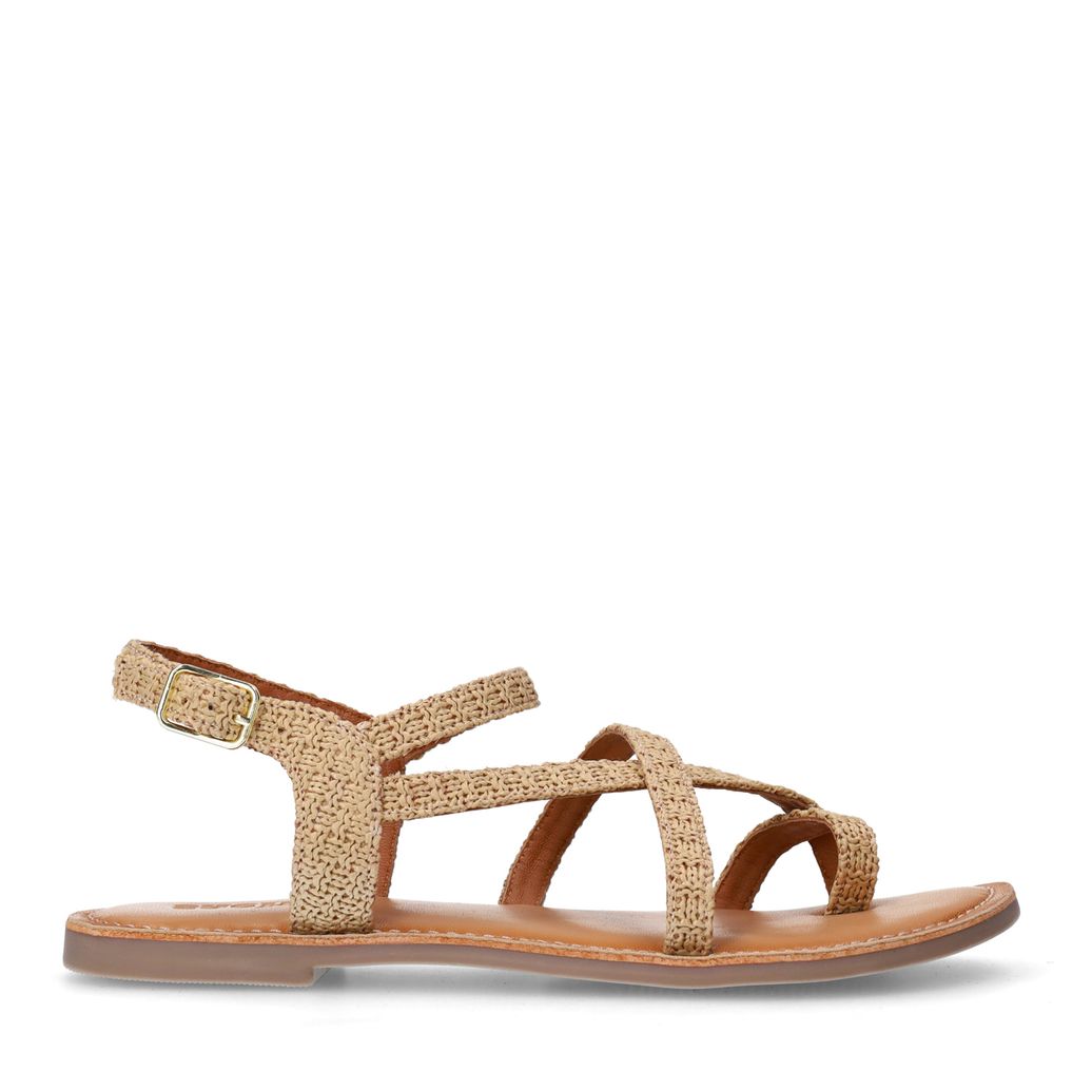 Beigefarbene Bast-Sandalen mit gekreuzten Riemchen