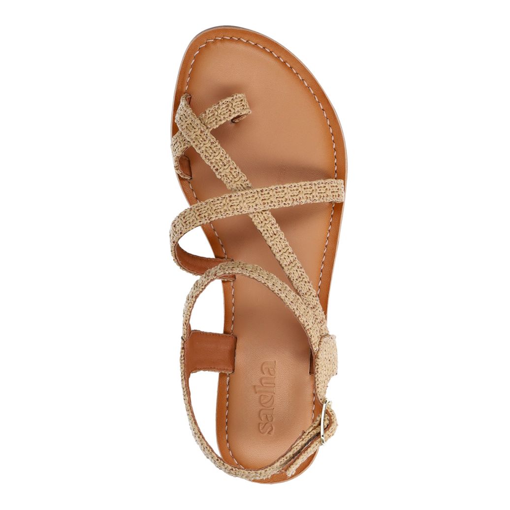 Beigefarbene Bast-Sandalen mit gekreuzten Riemchen