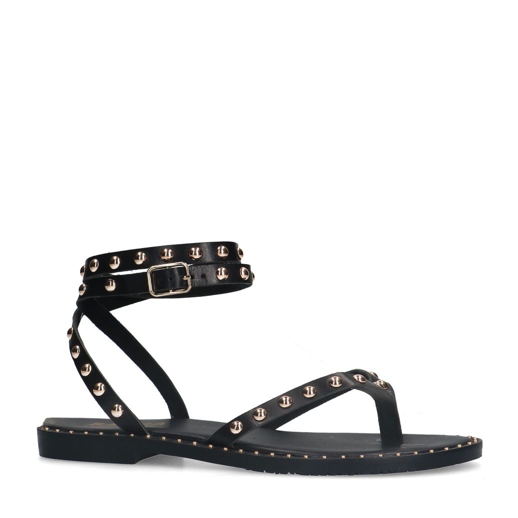 Zwarte leren platte sandalen met goudkleurige studs
