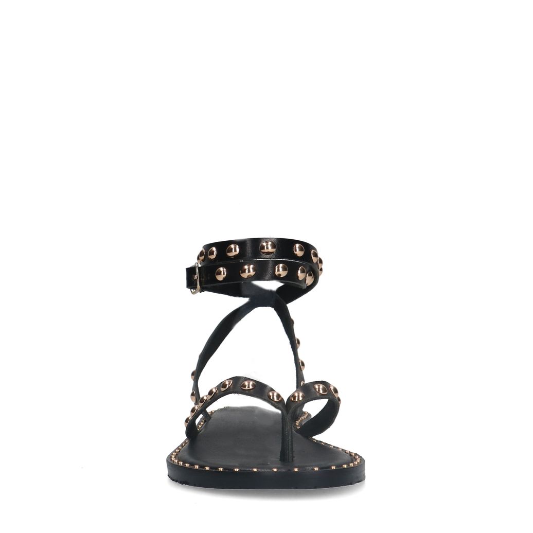 Zwarte leren platte sandalen met goudkleurige studs
