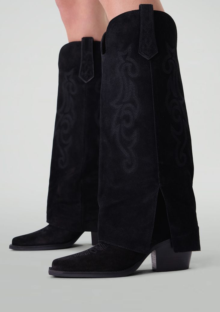 Schwarze Veloursleder-Cowboystiefel mit Umschlag