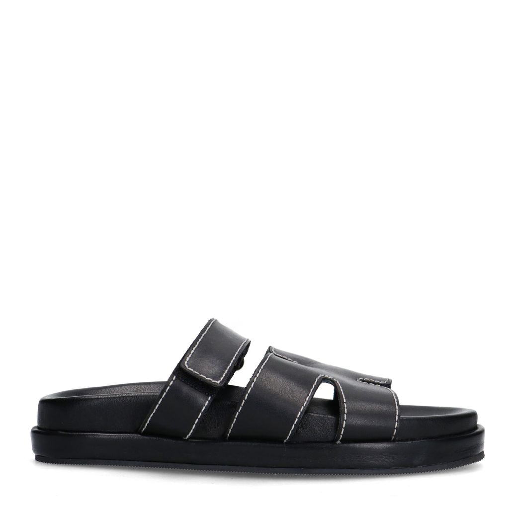 Claquettes en cuir avec bande velcro - noir
