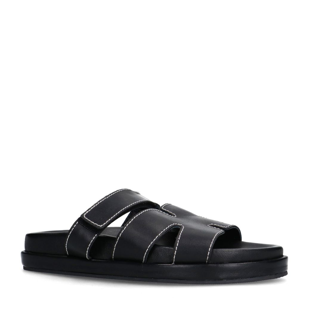 Claquettes en cuir avec bande velcro - noir