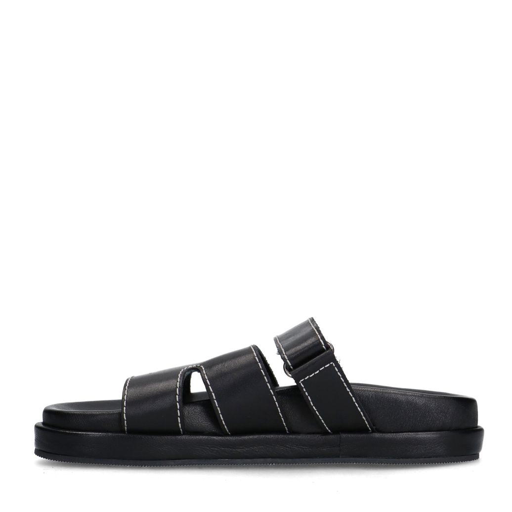 Claquettes en cuir avec bande velcro - noir