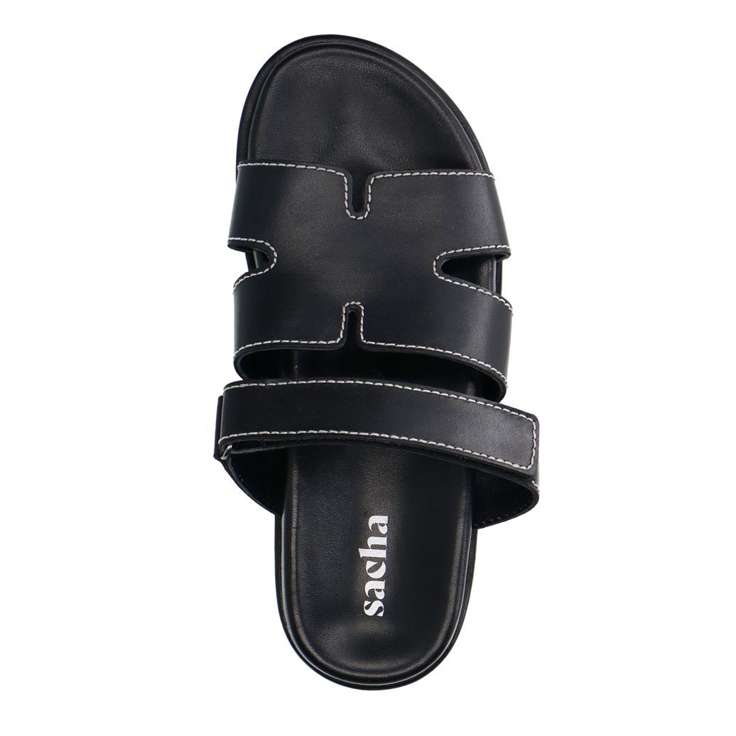 Claquettes en cuir avec bande velcro - noir