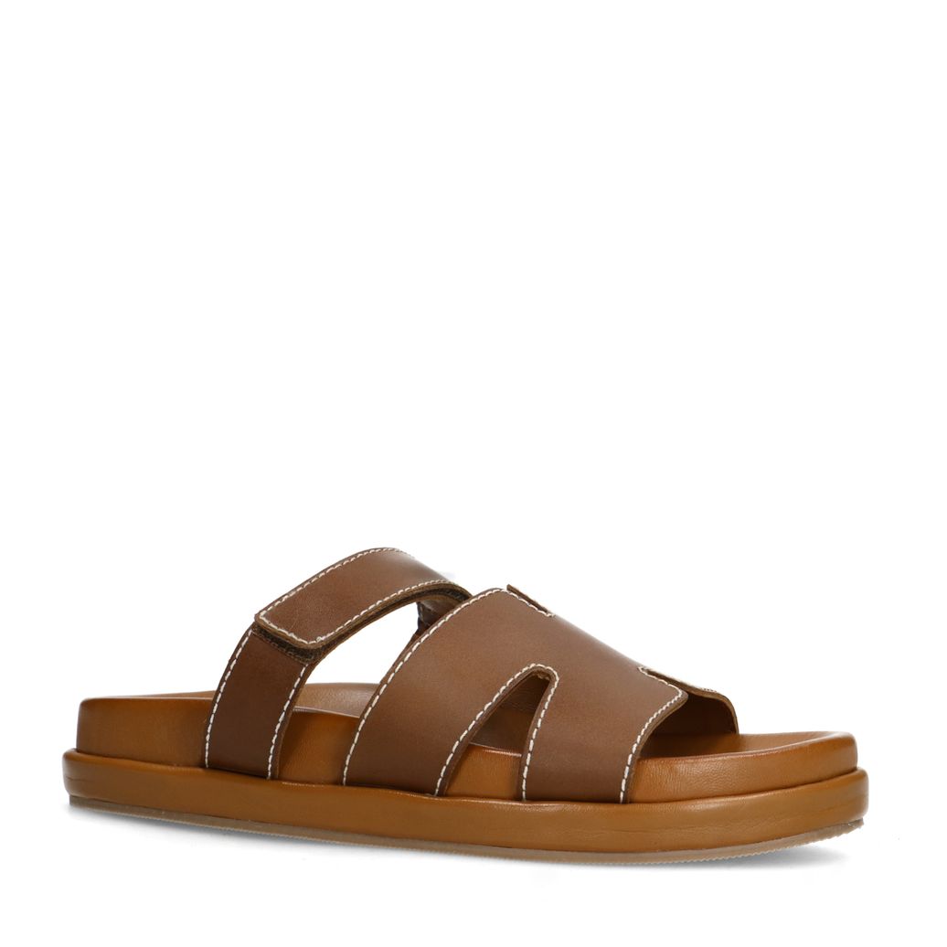 Cognac leren slippers met klittenband