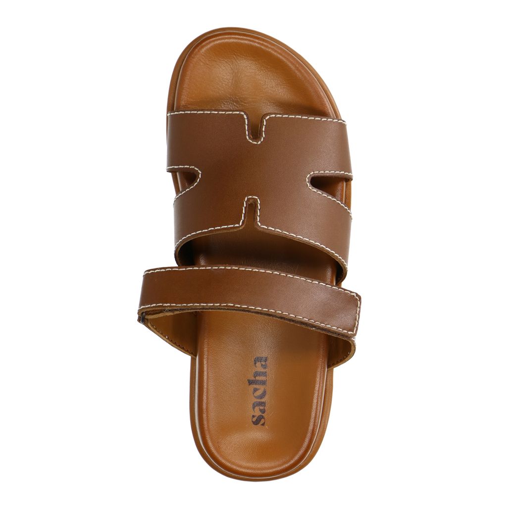 Cognac leren slippers met klittenband