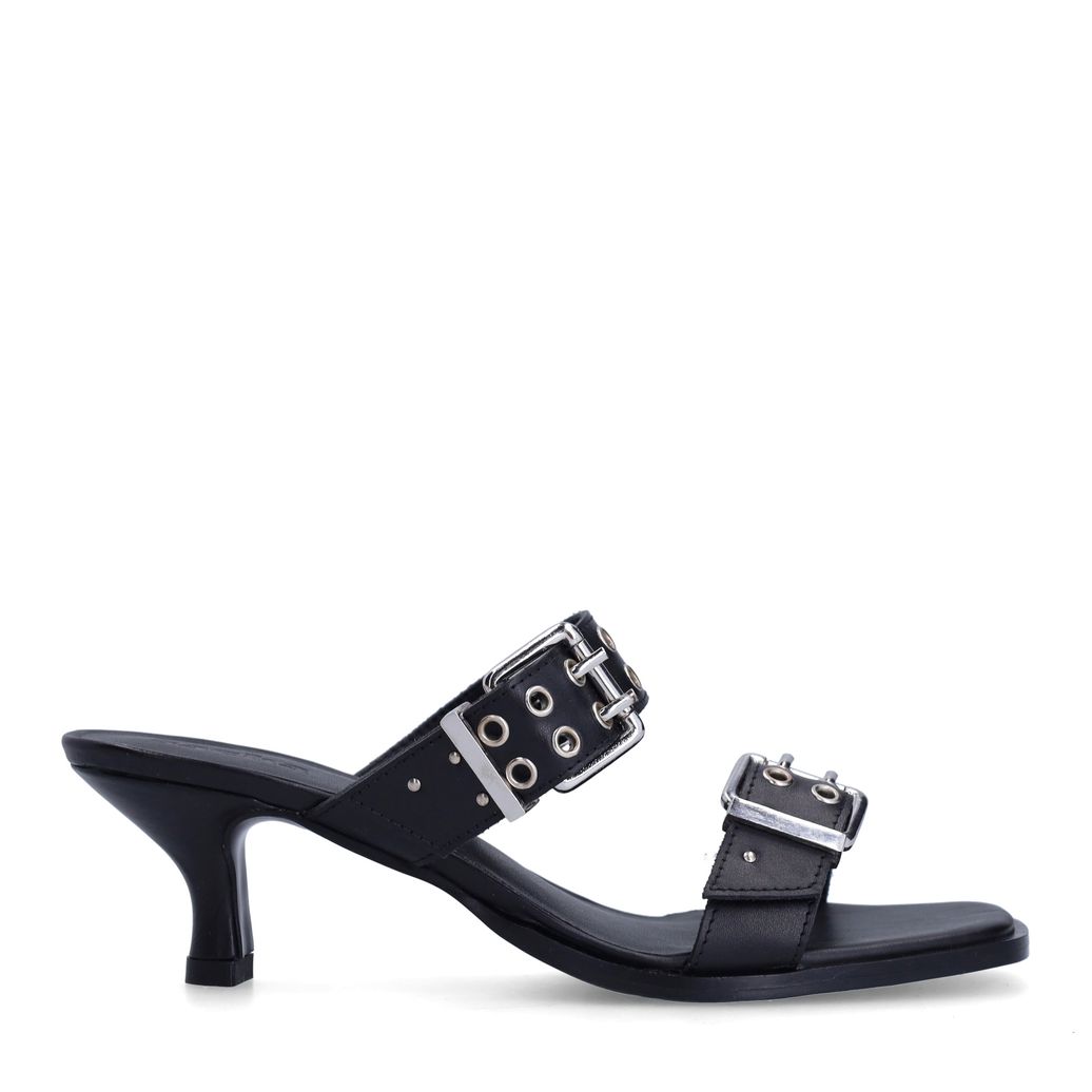 Schwarze Leder-Mules mit Absatz und Schnallen