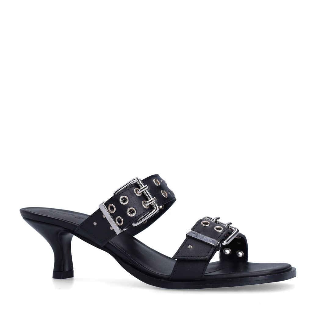 Mules à talon en cuir avec boucles - noir