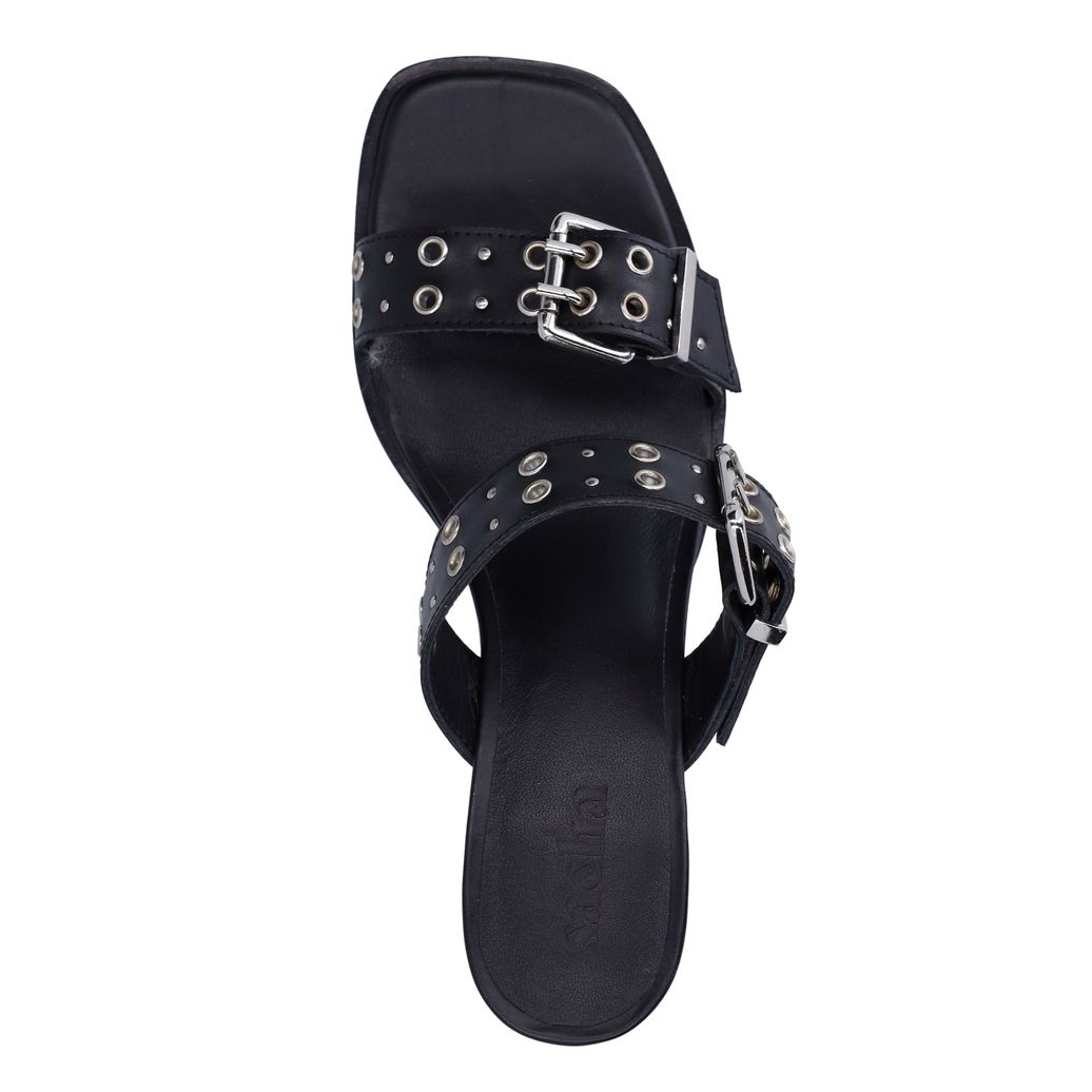 Mules à talon en cuir avec boucles - noir