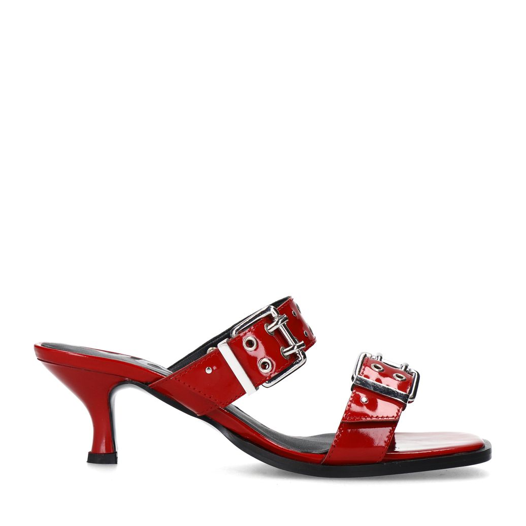 Mules à talon en cuir avec boucles - rouge
