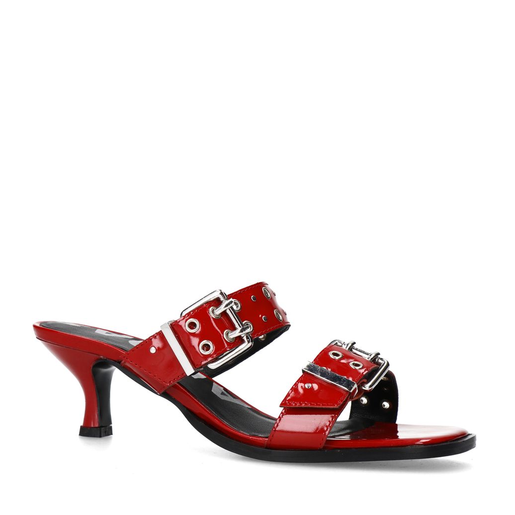 Mules à talon en cuir avec boucles - rouge