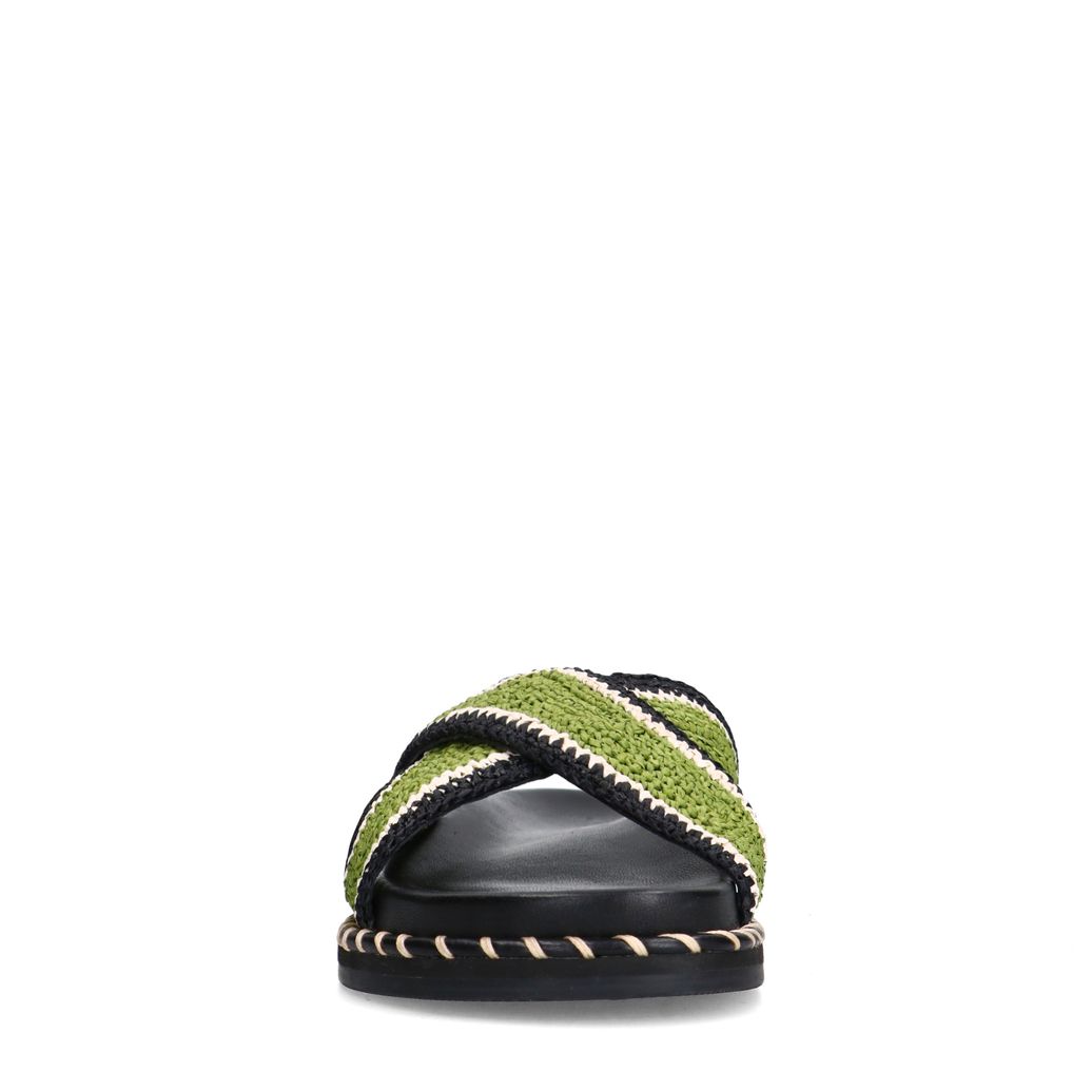 Zwarte plateau slippers met groene bandjes