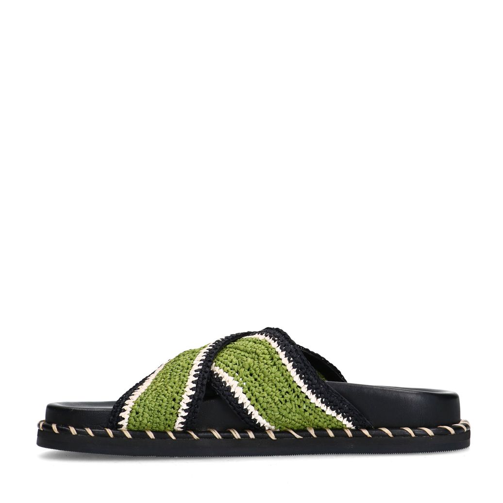 Zwarte plateau slippers met groene bandjes
