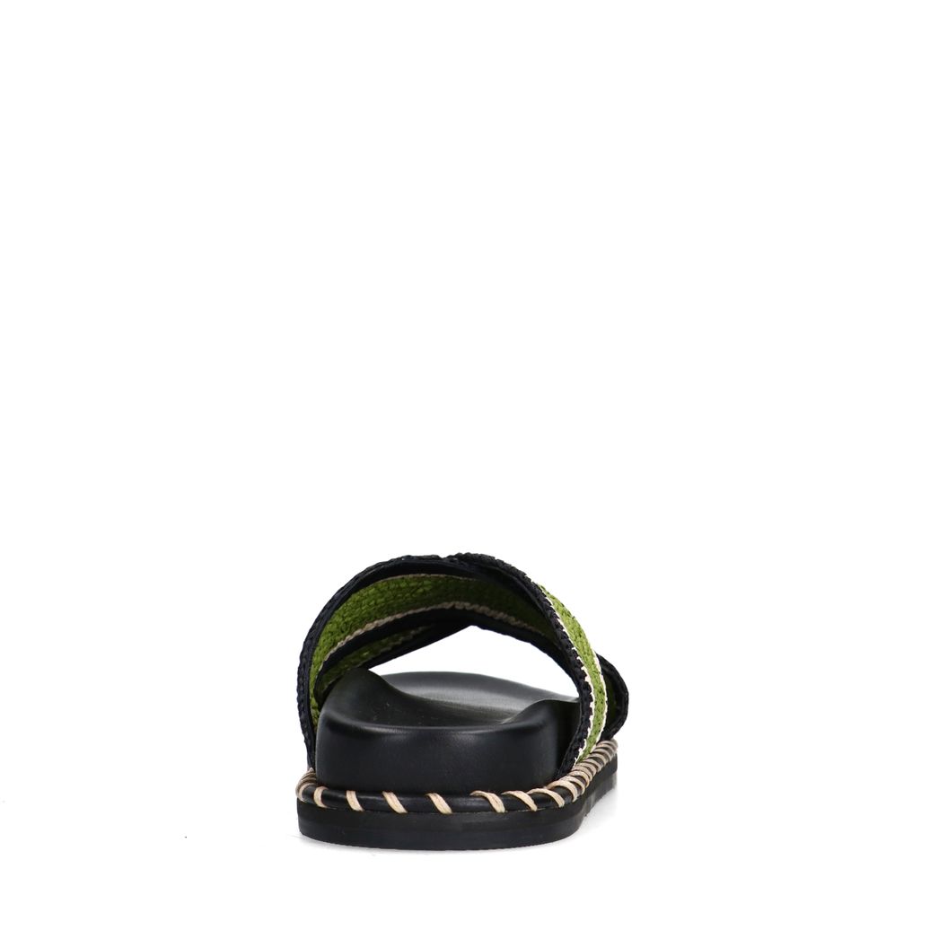 Zwarte plateau slippers met groene bandjes