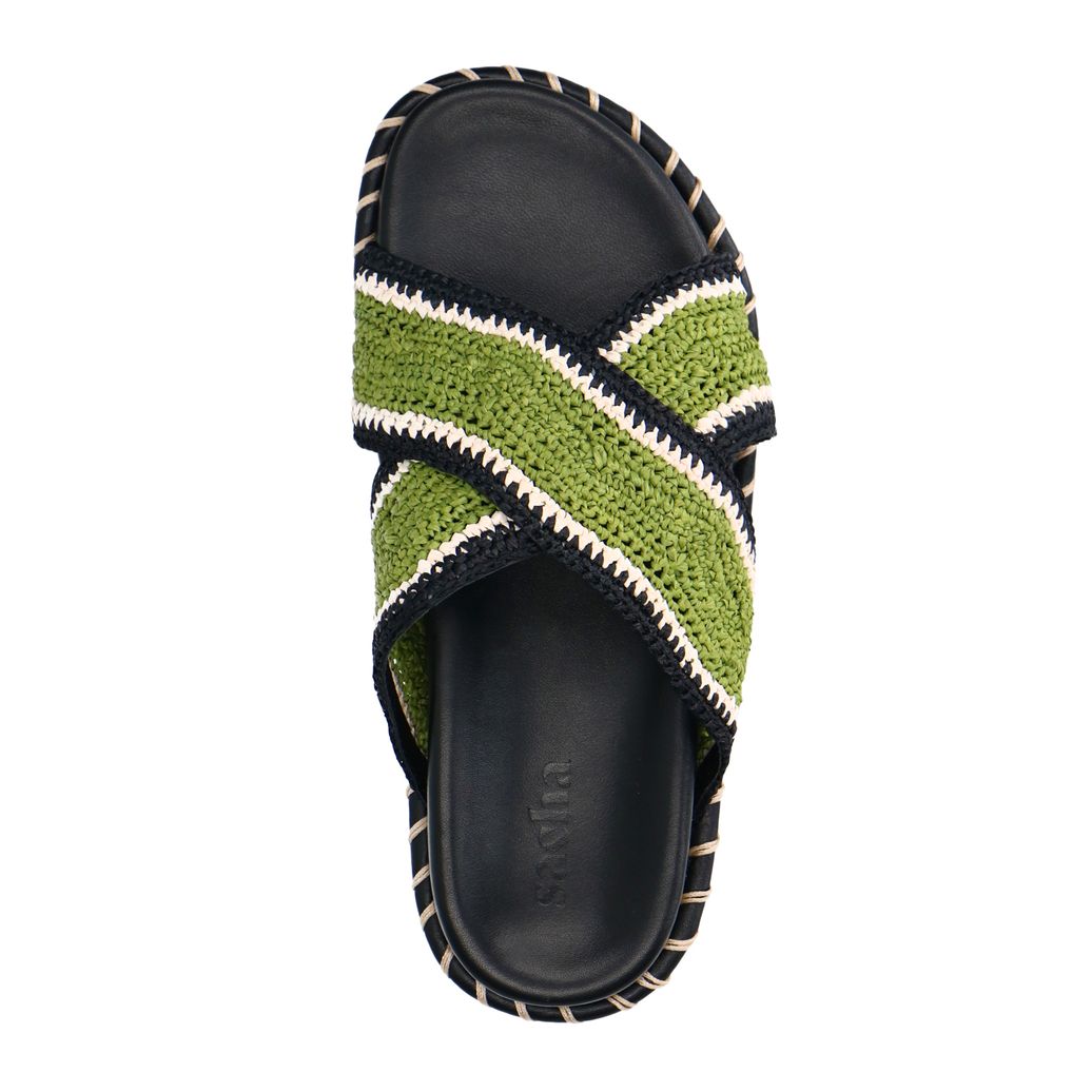 Zwarte plateau slippers met groene bandjes