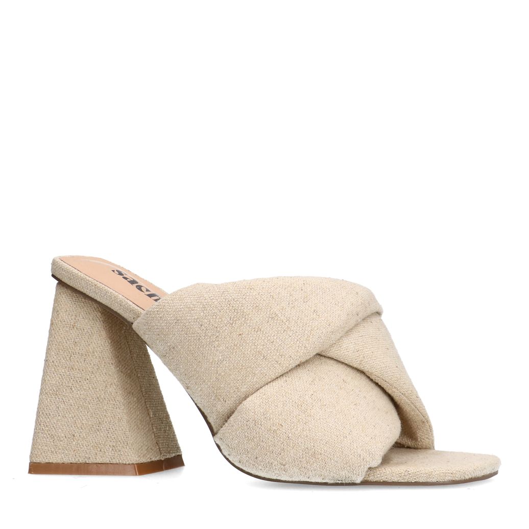 Beigefarbene Denim-Mules mit Absatz