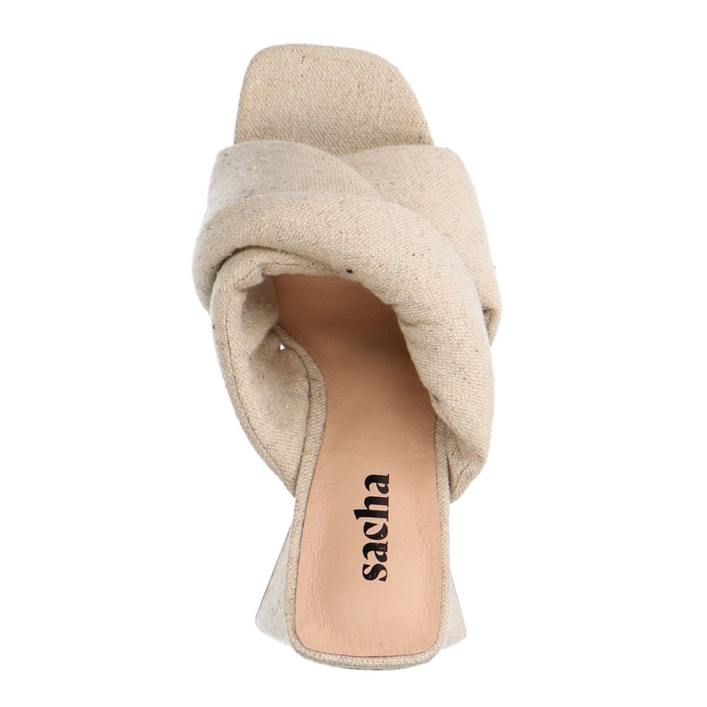 Beigefarbene Denim-Mules mit Absatz