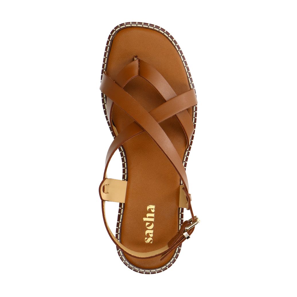 Cognac leren platte sandalen