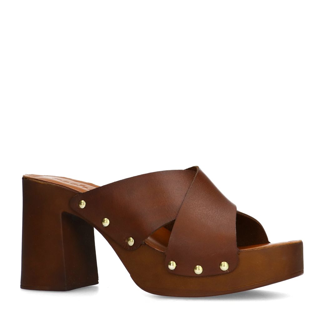 Cognac leren muiltjes met plateau hak