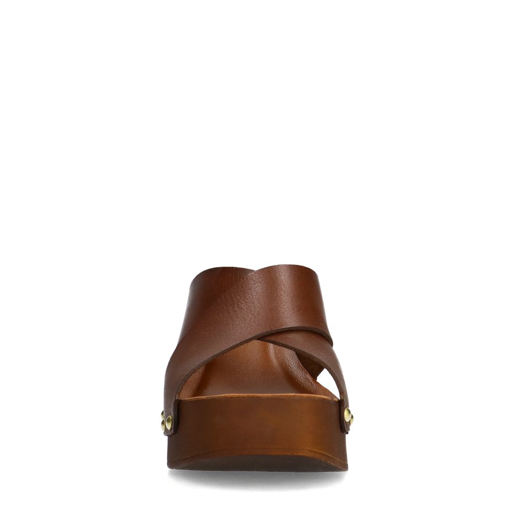 Cognac leren muiltjes met plateau hak