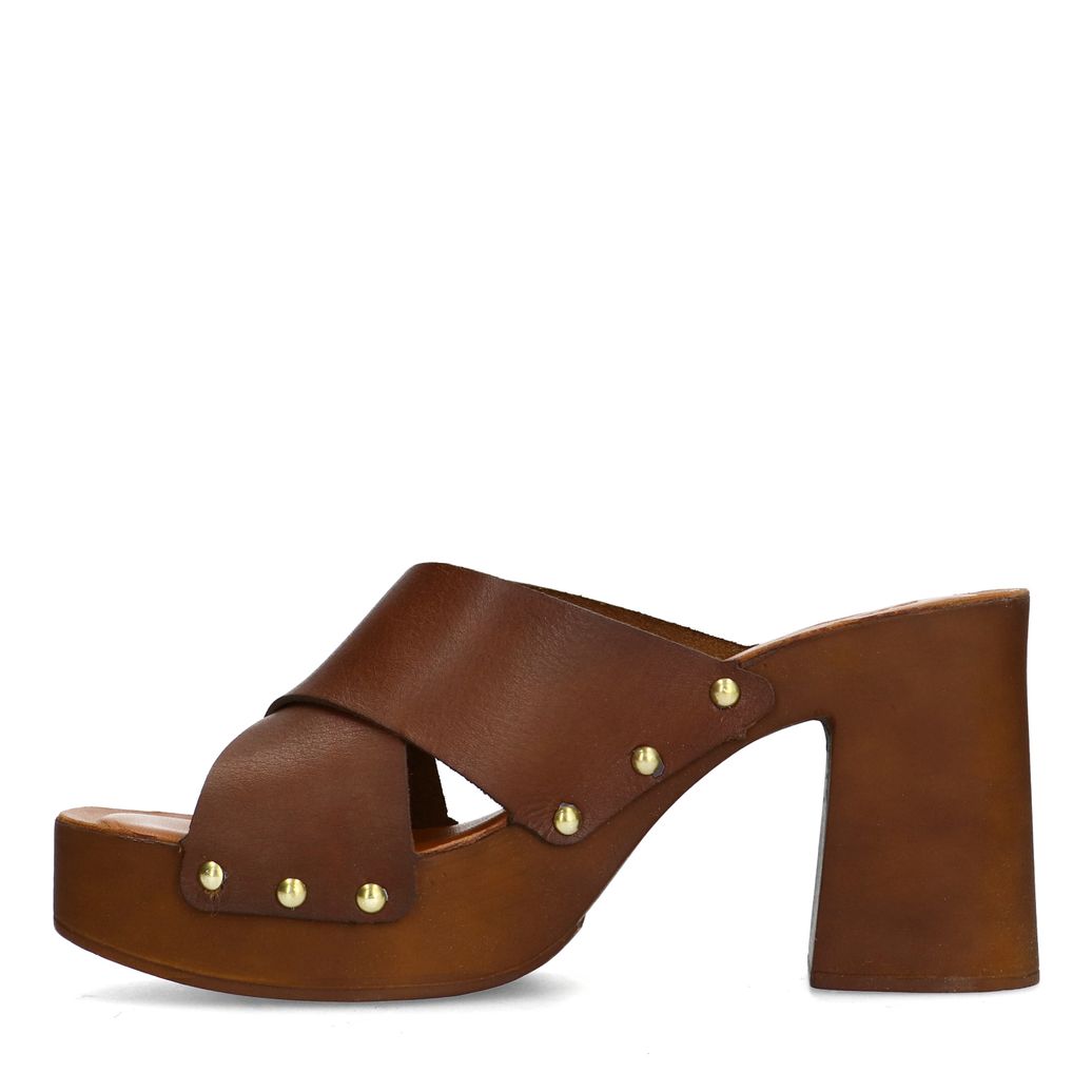 Cognac leren muiltjes met plateau hak