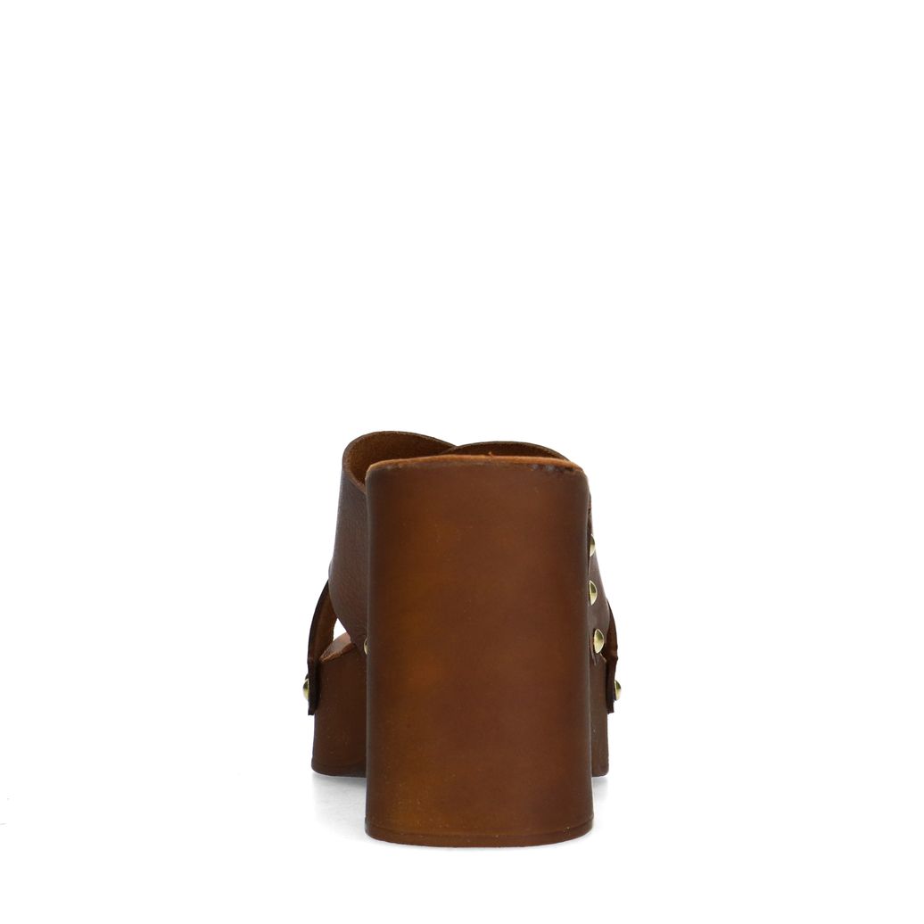 Cognac leren muiltjes met plateau hak