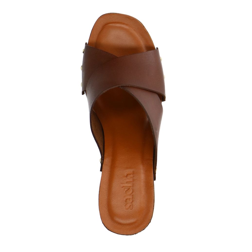 Cognac leren muiltjes met plateau hak