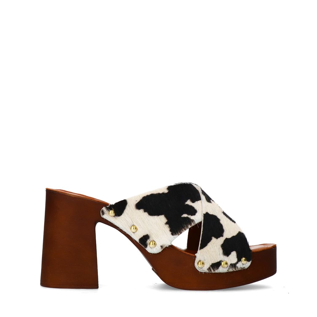 Leder-Mules mit Plateauabsatz und Kuhfellmuster