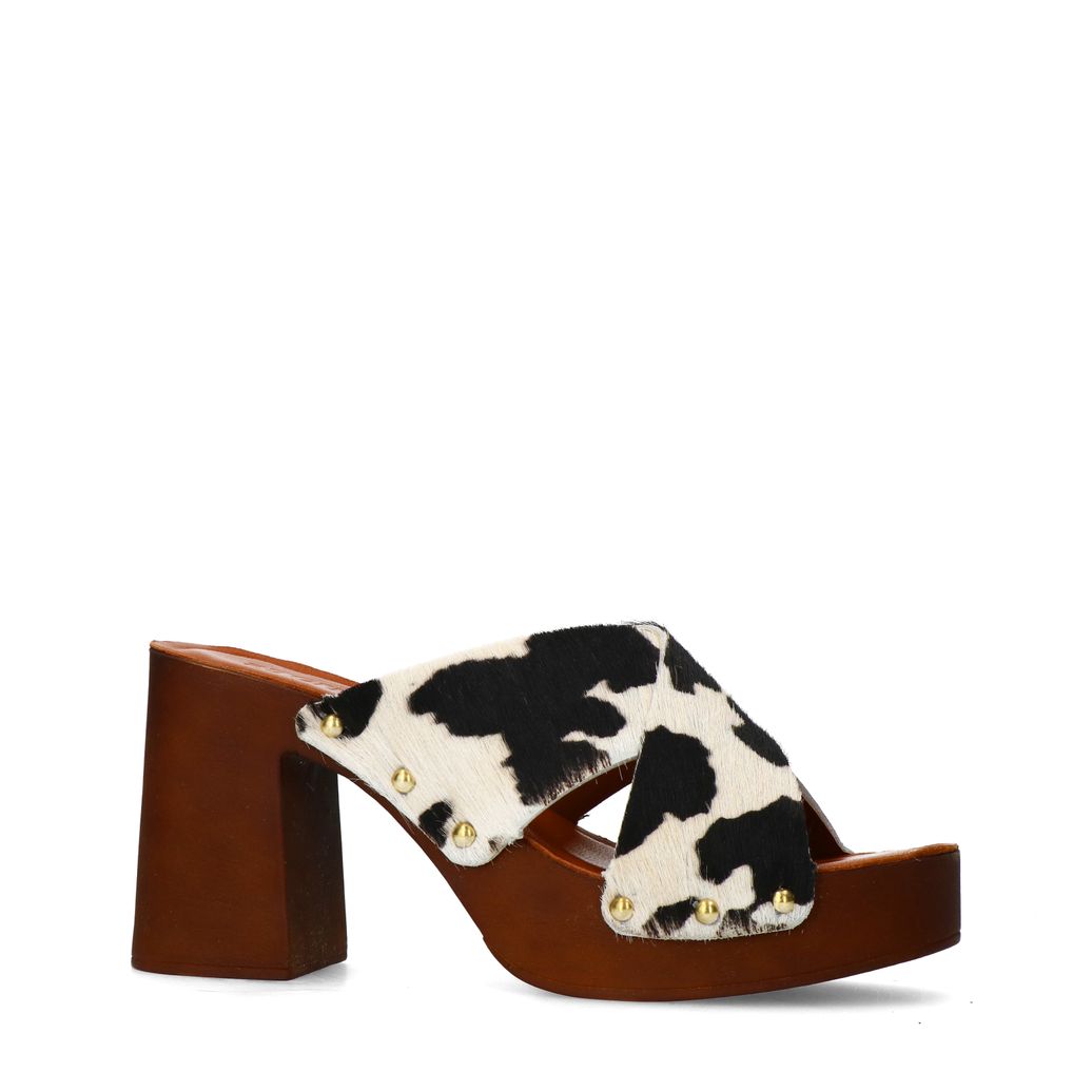 Leder-Mules mit Plateauabsatz und Kuhfellmuster