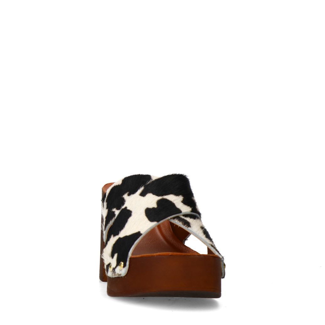 Leder-Mules mit Plateauabsatz und Kuhfellmuster